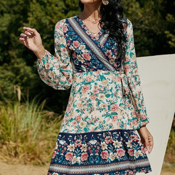 v neck floral print surplice ruffle boho dress - Picture 2 of 5